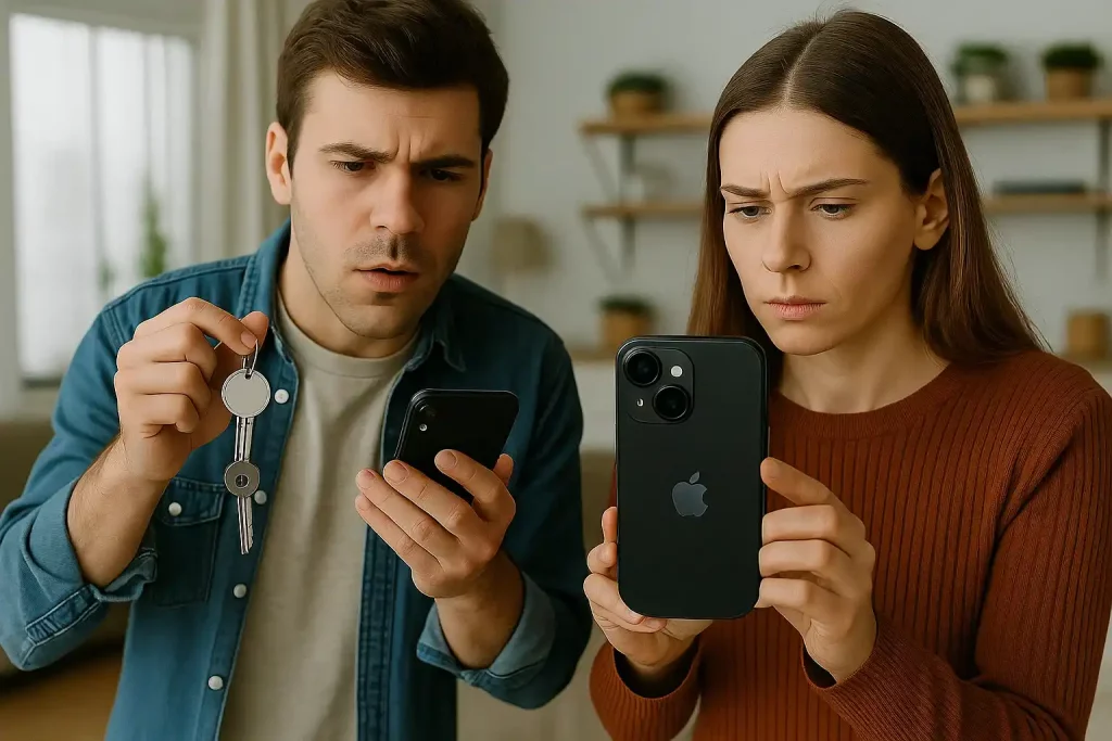 A couple at home looks puzzled while checking their phones, trying to locate another set of missing keys with a tracking app and tile.