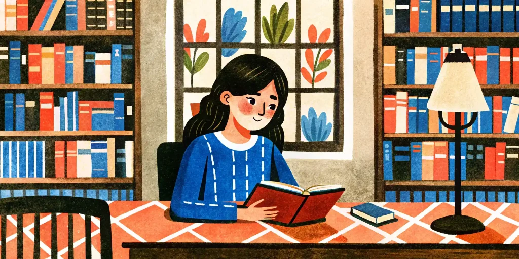 a young woman does her homework sitting at a table in the city library