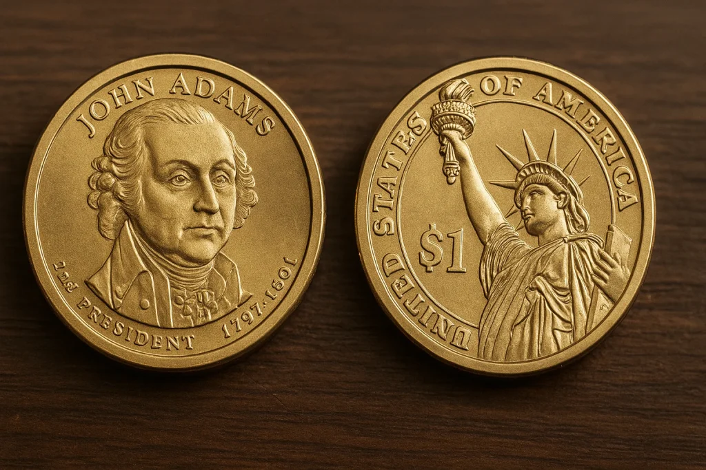 Two John Adams Dollars are lying on the table.