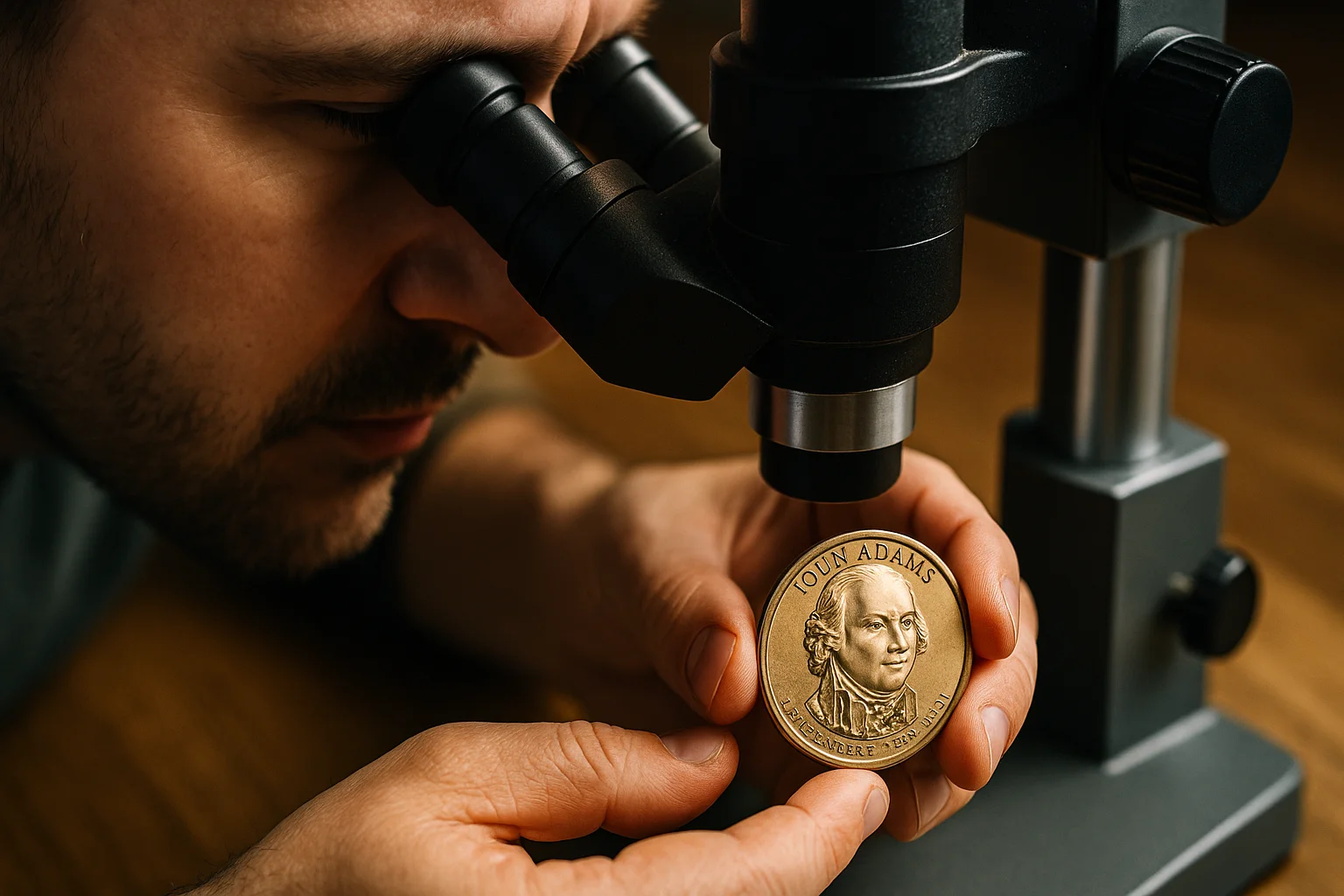 A numismatist examines a John Adams Dollar under a digital microscope, focusing on its fine details and surface texture.