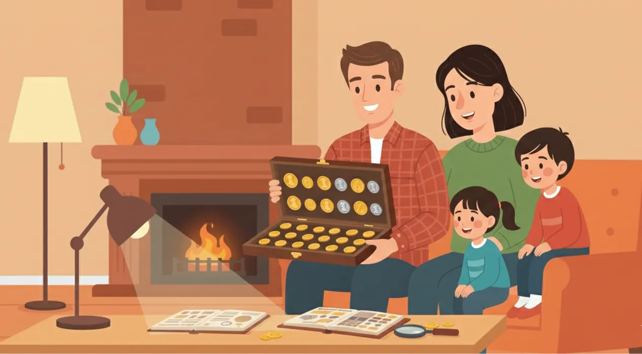 man, showing the coins to the family