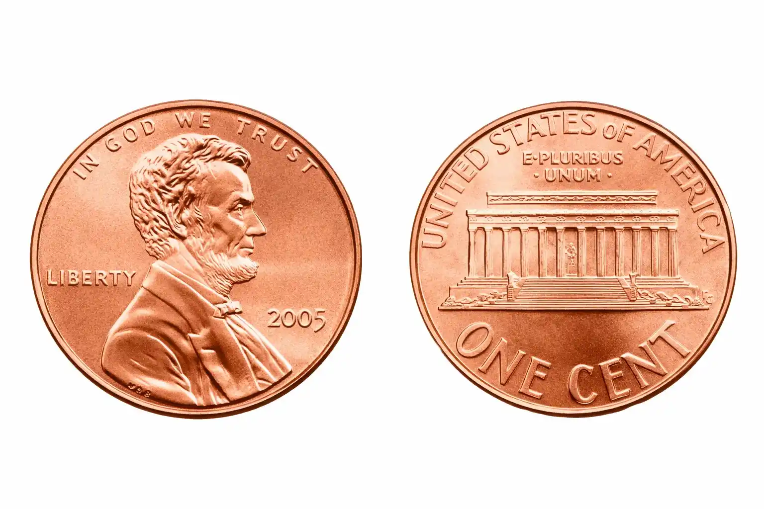 2005 Lincoln Memorial cent obverse and reverse on white background.