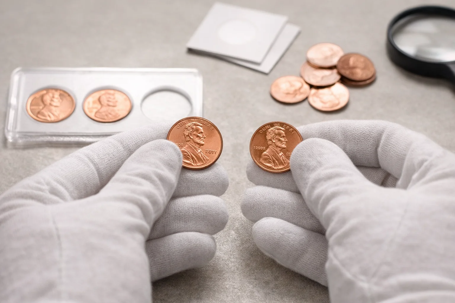 Collector comparing Mint Set and circulation 2005 Lincoln cents.